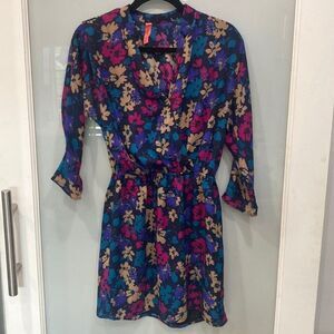 Eight Sixty Women's Blue Pink Floral Print 3/4 Sleeve Short Dress Sz Small
